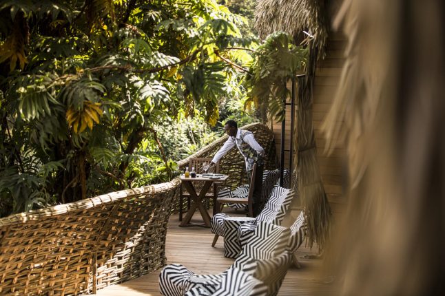 View of the deck on one of the villas at Wilderness Bisate, Rwanda